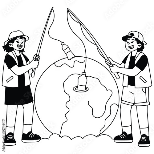 Line art illustration of two volunteers using nets to remove plastic bottles from the Earth.