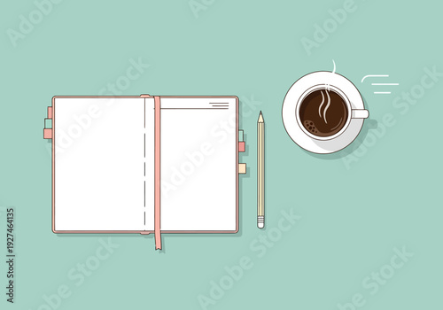 Open Notebook With Attached Pencil And Steaming Coffee Cup On A Desk Creating A Workspace For Ideas And Productivity
