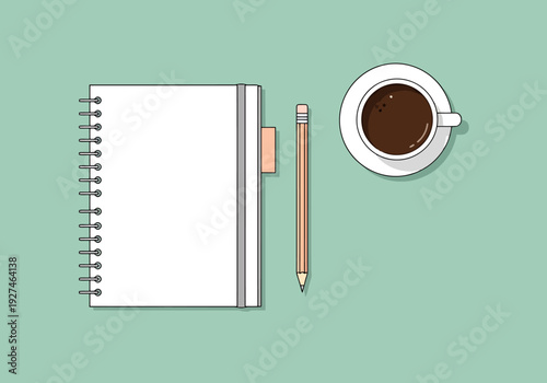 Overhead view of a blank spiral bound notebook with a pencil and cup of coffee on a plain background representing productivity and planning