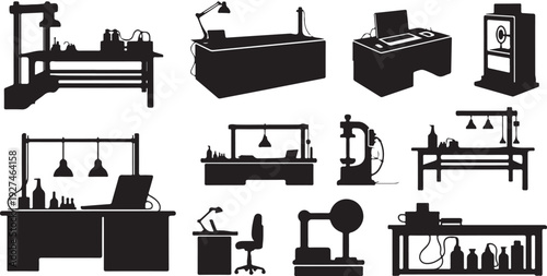 Silhouette of various laboratory equipment and workstations setup