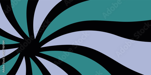 A psychedelic sunburst pattern with swirling teal, black, and light purple lines radiating from a central black circle.