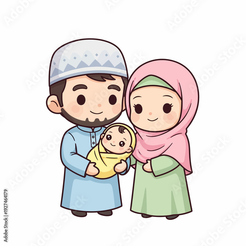 Happy Muslim Family with Newborn Baby Cartoon Illustration.