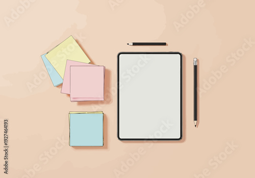 Flat lay arrangement of digital tablet stylus pens and colorful sticky notes on a plain background for planning and organization concepts