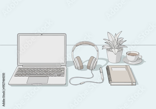 Modern Workspace Setup Featuring Laptop Headphones Notebook Coffee Cup and Desk Plant for Digital Nomad or Remote Worker Online Activity