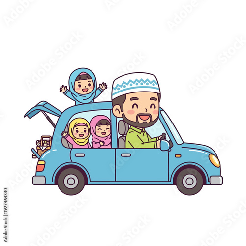 Happy Muslim family traveling together in a blue car.
