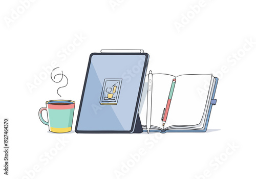 Digital Tablet With Stylus And Open Notebook With Pen Beside Steaming Coffee Cup For Remote Work Or Study Setup Arrangement