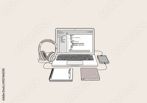 Modern Digital Workspace Set Up With Laptop Headphones Mobile Device Notebook Journal And Pen For Creative Professionals And Remote Workers