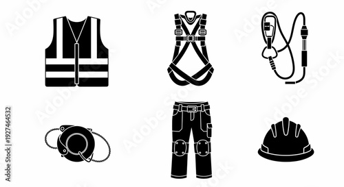 Safety Equipment Icons Collection Including Harness Vest Hard Hat and Work Pants Design Elements