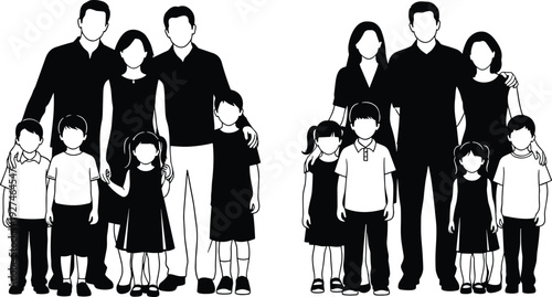 Large family portrait silhouettes set, parents with multiple children standing together, isolated black vector illustration collection