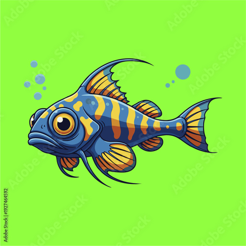 A vibrant cartoon fish with blue and yellow stripes and large eyes swimming in a bright green aquatic environment.