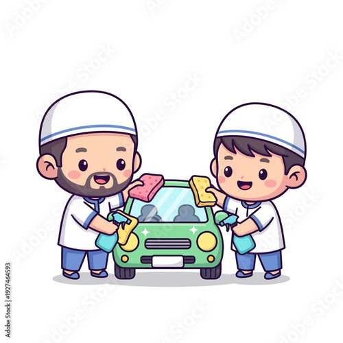 Two cartoon car wash attendants cleaning a green vehicle together.