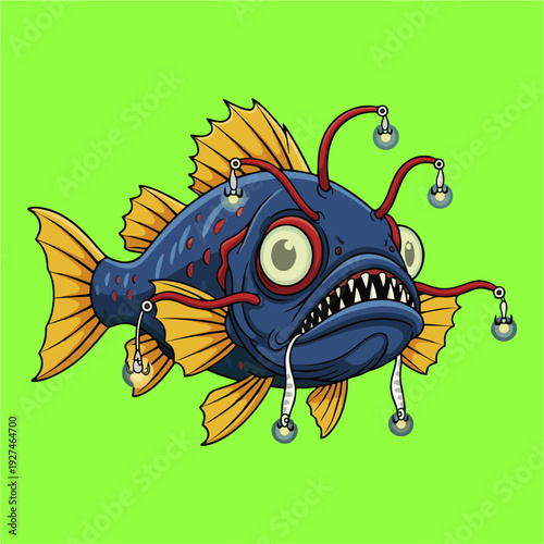 A vibrant cartoon illustration of a deep-sea anglerfish with glowing lures, sharp teeth, and wide eyes on a bright green background.