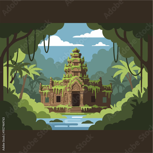 Ancient jungle temple ruins overgrown with lush vegetation and moss, framed by dense tropical foliage and a serene river.