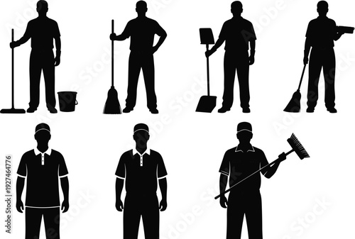 Janitor and cleaning worker silhouettes set, professional cleaner with broom mop bucket tools isolated black vector illustration
