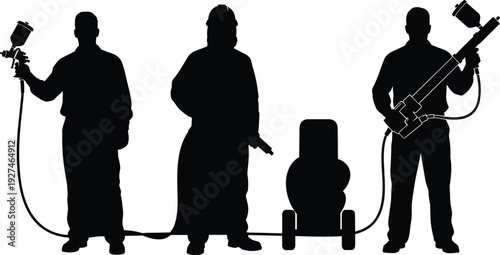 Industrial spray painter silhouettes, workers with spray gun and airless paint machine, isolated black vector construction coating setIndustrial spray painter silhouettes