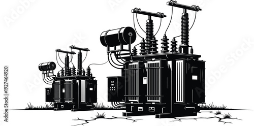 Electrical power transformer silhouettes, high voltage substation equipment and energy distribution units isolated black vector illustration
