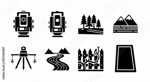 Surveying Equipment and Landscape Icons Black and White