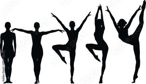 Ballet dancer silhouettes collection, graceful female dance pose vector illustration set isolated on white background for logo design, clipart