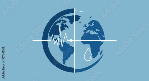 Earth with heartbeat line and water drop on blue background symbolizing global health and hydration