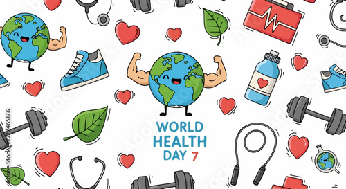 World health day illustration with fitness icons and globe promoting wellness and healthy lifestyle concepts