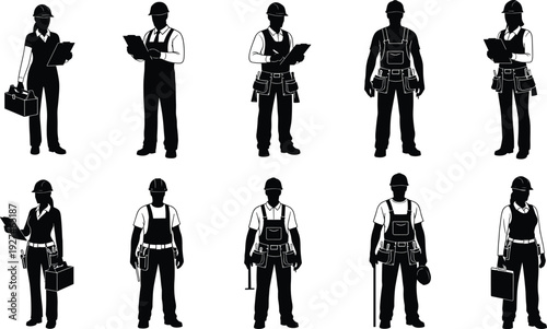 Construction worker silhouette collection, male and female builders with tools and helmets, isolated black vector professional industry set