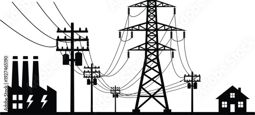 Electric power transmission line silhouette, high voltage tower, factory and house, isolated black vector energy infrastructure illustration