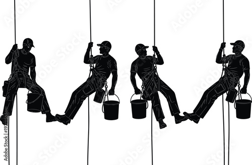 Industrial rope access worker with safety harness and paint bucket, construction silhouette black vector illustration isolated