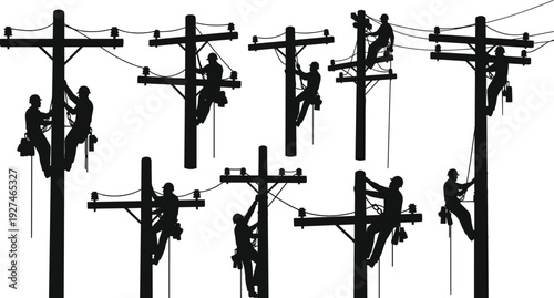 Electric lineman silhouettes collection, utility workers climbing power poles repairing overhead lines isolated black vector illustration set