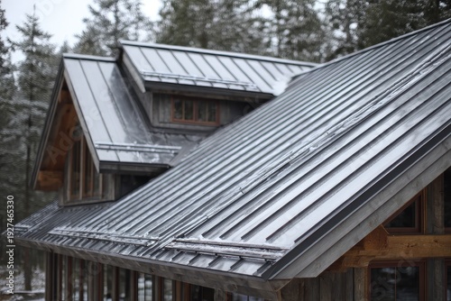 Wallpaper Mural Cabin roof in winter, metal sheeting glistens, forest backdrop Torontodigital.ca