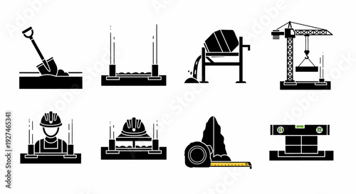 Construction and Building Engineering Icons Set Featuring Tools Equipment and Worker Hard Hat