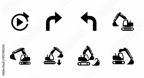Excavator Construction Heavy Equipment Machinery Icons with Navigation Arrows and Media Control Symbols