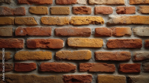 Textured brick wall in warm tones featuring a blend of red, orange, and yellow bricks with varying shapes and sizes creating a rustic urban feel