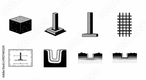 Construction Engineering Elements Set Featuring Foundations Footings Rebar Trenches and Blueprints for Structural Design