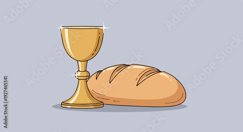 Bread and golden chalice on gray background symbolizing communion or last supper
