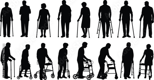 Elderly people with walking aids silhouettes set, senior citizens using cane and walker, isolated black vector collection