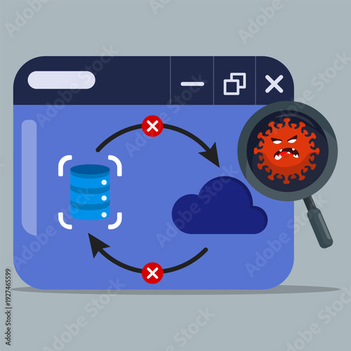 Cloud database blocked by virus with warning marks and magnifier, symbolizing malware attack, data sync failure, cyber attack threat and fraud alert.