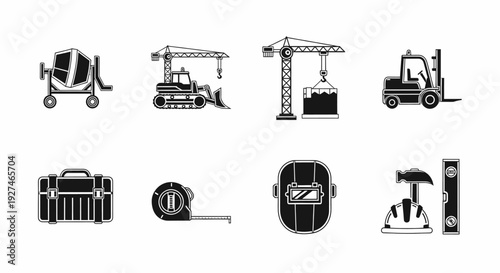 Construction Equipment and Tools Industrial Icons Black and White Vector Set