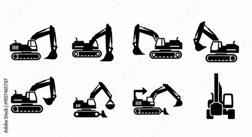 Excavator Icons Set Various Poses Construction Equipment Silhouettes