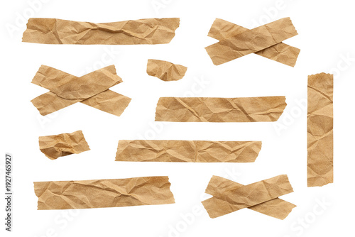 Brown kraft paper tape strips and cross shapes isolated on transparent background png texture pack