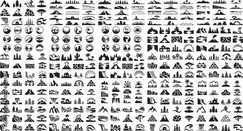 Collection of various landscape icons and symbols for design and decoration purposes in one image