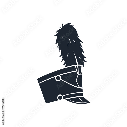 Stylized marching band hat with decorative plume, isolated on white background, featuring bold silhouette design and intricate detailing