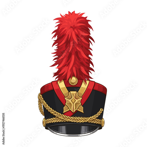 Detailed illustration of a marching band hat with red plume, isolated on a white background, featuring gold embellishments and black fabric