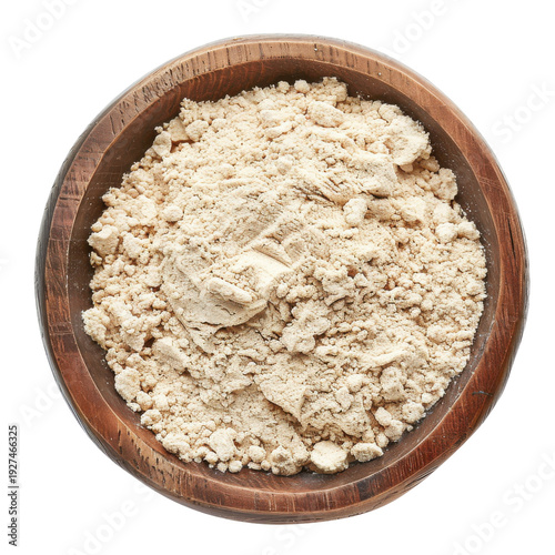 Light beige powdered food in a wooden bowl isolated on white background