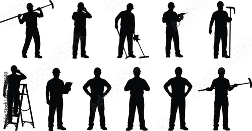 Construction worker silhouettes with tools drill hammer ladder equipment black vector illustration isolated on white