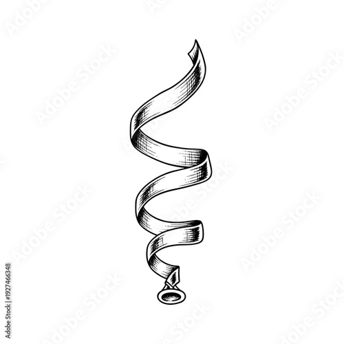 Intricate black and white illustration of a curling ribbon resembling a balloon string, isolated on a white background