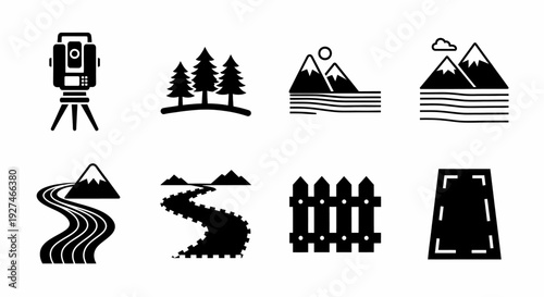 Collection of Icons Illustrating Surveying Nature and Construction