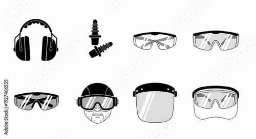 Safety Equipment Icons Headphones Safety Glasses Face Shields and Earplugs