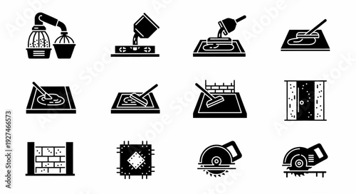 Construction Building Tools and Processes Icons Depicting Masonry Concrete Work Sawing and Wall Repair