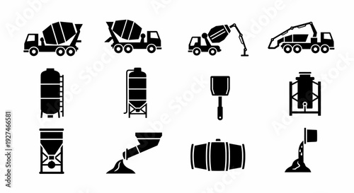 Concrete Industry and Construction Icons Featuring Mixer Trucks Silos and Pouring Processes