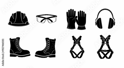 Industrial Safety Personal Protective Equipment Icons Set Hard Hat Glasses Gloves Boots and Harness